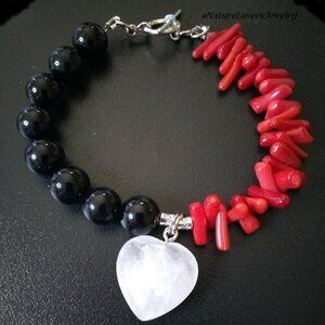 Hello Sweetheart! Massive & Heavy! Black Jasper + Coral + Quartz Heart Bracelet